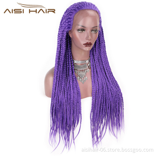 Aisi Hair Braids Box Lace Front Wigs Purple Gluless Synthetic Long Braids Lace Front Wigs for Black Women